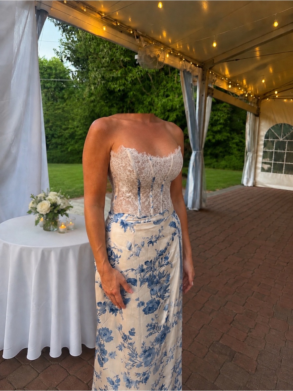 V. Chapman Strapless Lace Corset Dress in Blue and Cream - Picture 2 of 4